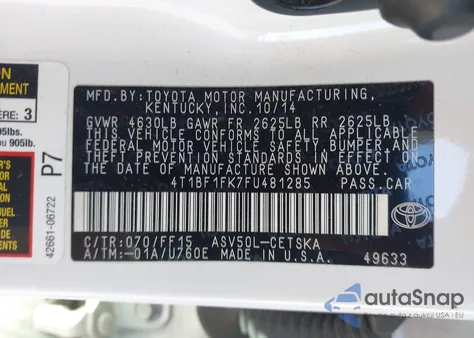 2015 Toyota Camry Se z USA, uszkodzony, nr VIN 4T1BF1FK7FU481285